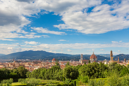 A cityscape of Florence, Italy, seen from the Boboli Gardens on a sunny, summer day,  is home to a collection of sculptures dating from the 16th to the 18th centuries, with some Roman antiquities.