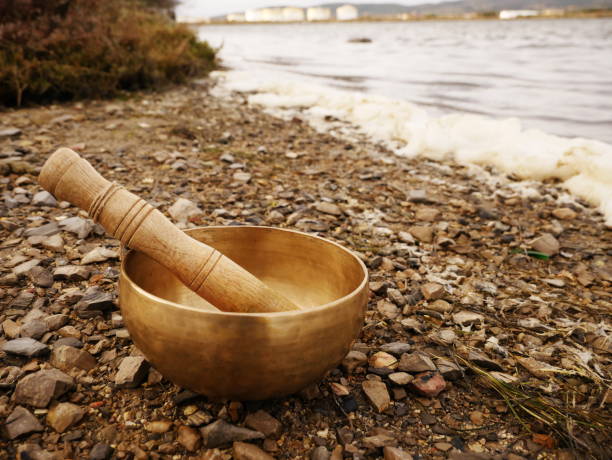 istock Singing bowl set on a pebble beach with the sea in background 1293594390