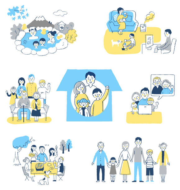 Various family life scene sets Family, leisure, travel, people, grouping, happiness mixed age range stock illustrations