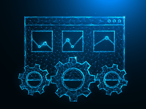 SEO or search engine optimization low poly art. Web page tab, gears and analytics polygonal vector illustration on a blue background.