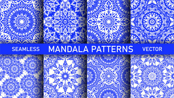 Set of mandala blue vase ceramic ornamental patterns. Collection of Asian seamless vector oriental backgrounds. Porcelain patterns for fabric, textile, cover, wrapping etc. Set of mandala blue vase ceramic ornamental patterns. Collection of Asian seamless vector oriental backgrounds. Porcelain patterns for fabric, textile, cover, wrapping etc. tibet stock illustrations