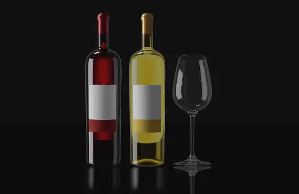 Bottle of red wine,bottle of white wine an a cup in a dark background