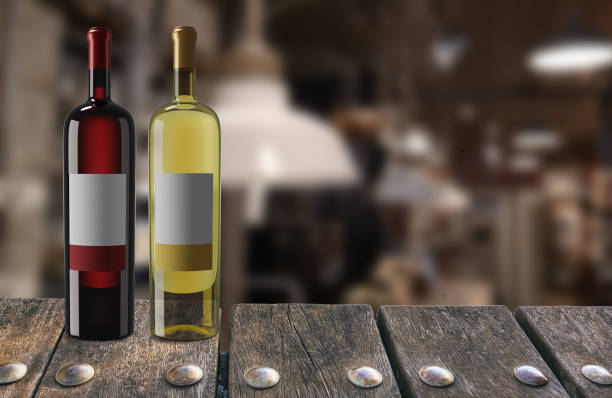 Bottle of red wine and white wine with a restaurant background
