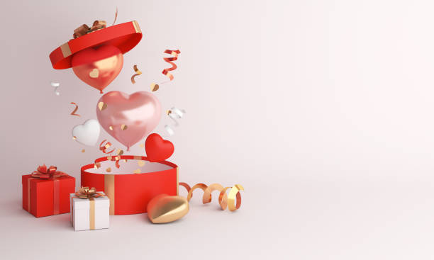 feliz decoración del día de san valentín con caja de regalo abierta en forma de corazón, globo con espacio de copia, ilustración de representación 3d - valentine present fotografías e imágenes de stock