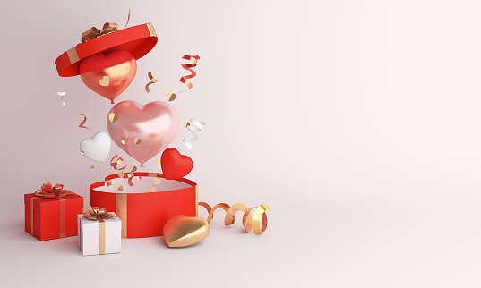 Happy valentines day decoration with opened heart shape gift box, balloon with copy space, 3D rendering illustration