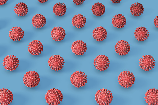 Patrón de coronavirus Renderizado 3d. Ilustración que muestra el patrón de coronavirus rojo sobre un fondo azul photo