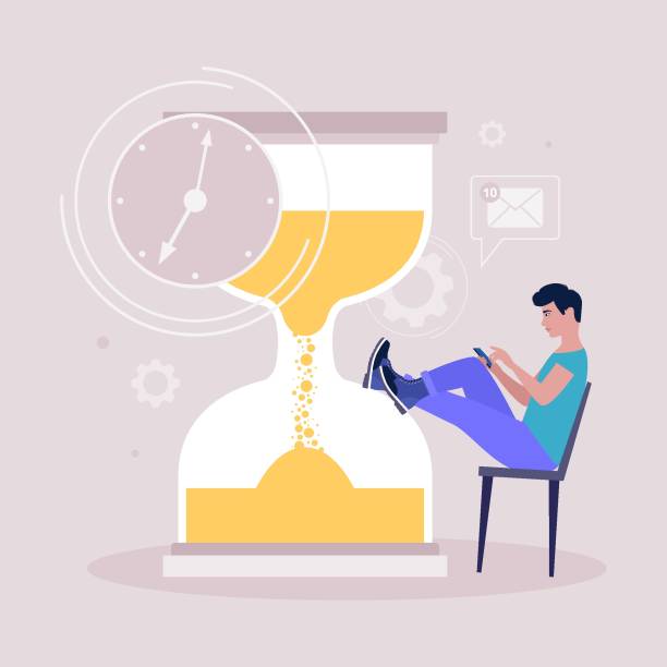 Procrastination concept Procrastination concept. Young man resting or distracted at the phone, watching news feed or social networks against the background of the hourglass. Vector illustration in a flat style wasting time stock illustrations