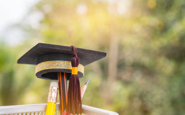 istock Graduate study or Education knowledge is power concept: Graduated cap Put on color pencil in basket. Conceptual for Educational is successs study or business world. Back to School ideas. 1293606670