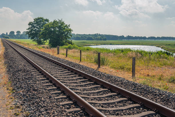 Rusty railway tracks diagonally in the picture. The rails are mounted on concrete sleepers. There are pebbles between the rails. The photo was taken in the Dutch spring season.
