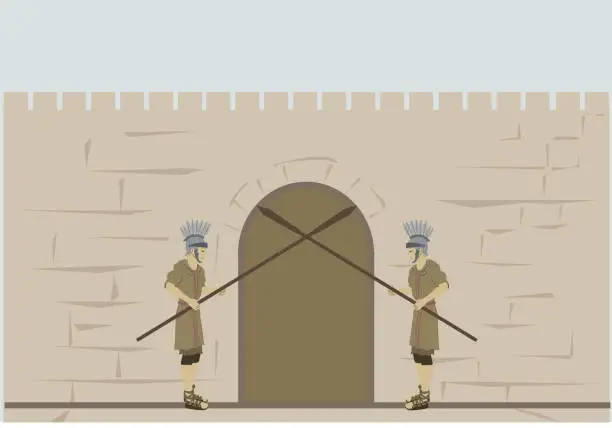 Vector illustration of 2 Roman soldiers block the exit from the gate within the walls of Jerusalem, the Old City. The figures are dressed in military clothing from the Roman Empire. Flat colored vector drawing.