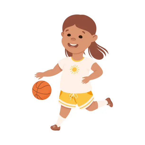 Vector illustration of Cute Girl Playing Basketbal, Kid Doing Sports, Active Healthy Lifestyle Concept Cartoon Style Vector Illustration