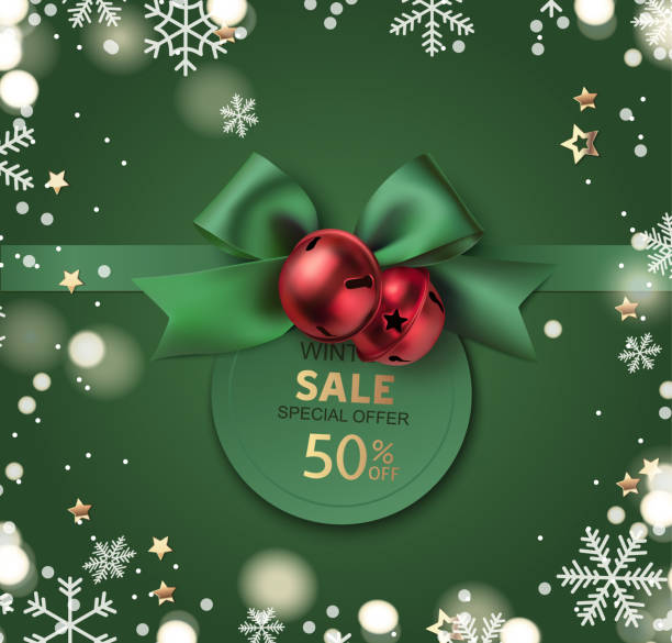 ilustrações de stock, clip art, desenhos animados e ícones de new year winter and christmas sale price tags design template. decorative green bow with red bell and price tag on green background with snowflakes and golden star confetti . - year 2002
