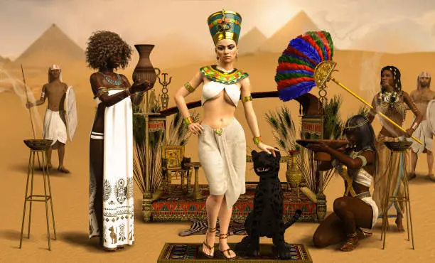 Royal Egyptian Pharaoh Cleopatra with servants in traditional costumes, 3d render.