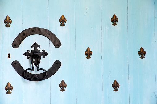 Blue door of Washington Memorial Chapel at Valley Forge National Historic Park, Pennsylvania, USA