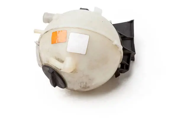 Coolant expansion tank white on an isolated background with black details. A unit of a liquid cooling system for internal combustion engines, a capacity of a special design.