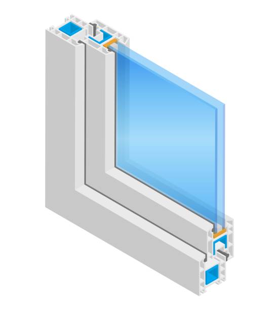 isometrische vektor-illustration kunststoff-fensterrahmenprofil isoliert auf weißem hintergrund. querschnittsdiagramm eines doppelt verglasten fensterscheiben-pvc-profils im flachen cartoon-stil. struktur-eckfenster - halbwände stock-grafiken, -clipart, -cartoons und -symbole