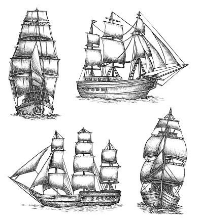 Old sailing ships doodles set. Vector illustration.