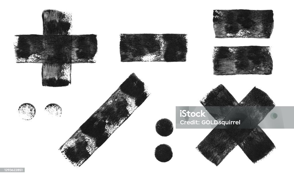 Satz von mathematischen Zeichen - abstrakte handgemalte Vektor-Illustration von Wandrolle und schwarze Farbe - einzelnes Objekt isoliert auf weißem Papier Hintergrund mit fantastischen ursprünglichen Textur-Effekt voller Unvollkommenheiten - Lizenzfrei Plus-Zeichen Vektorgrafik
