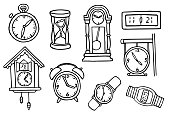 Different types of watches. Vector doodles set.