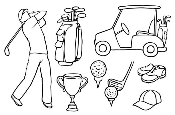 illustrazioni stock, clip art, cartoni animati e icone di tendenza di golf doodle set - golf swing golf golf club golf ball