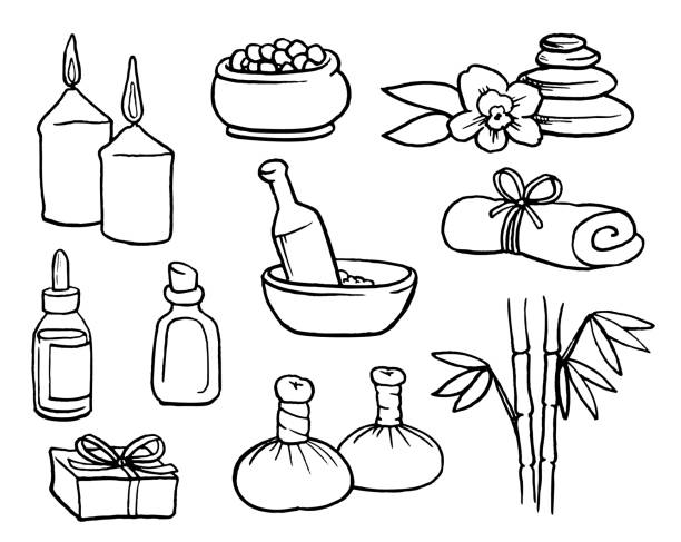 illustrazioni stock, clip art, cartoni animati e icone di tendenza di spa doodle set - lastone therapy spa treatment stone health spa