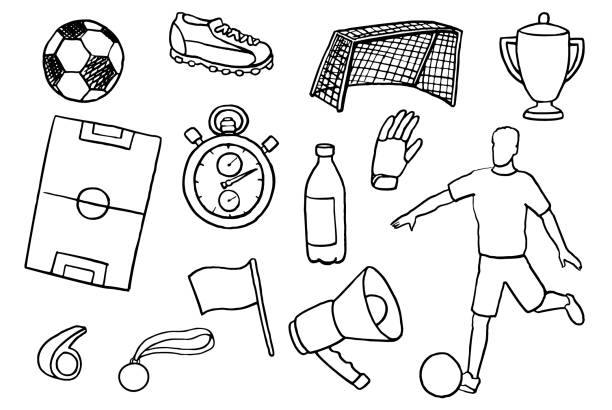 illustrazioni stock, clip art, cartoni animati e icone di tendenza di set doodles di calcio - pallone da calcio illustrazioni