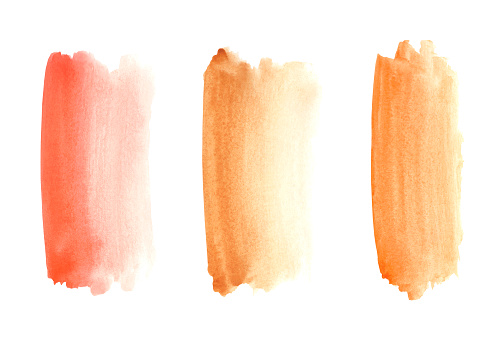 Watercolor vertical wide stripes brush on a white background. Orange, beige-peach, light brown lines, paint spots.