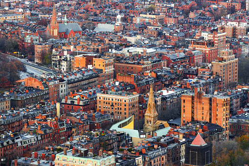 Boston, Massachusetts, USA aerial cityscape view of Back Bay neighborhoods.