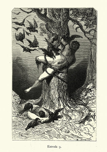 Vintage illustration of scene from Orlando Furioso illustrated by Gustave Dore. Eaten alive by ravens and crows, Medieval fantasy