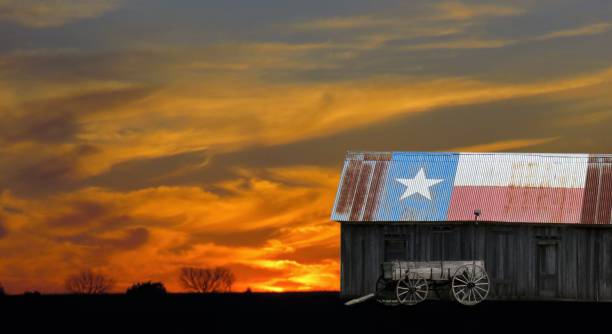 Sunset with abandoned barn and buckboard wagon. Barn has a Texas flag painted on the tin roof. Copy Space.