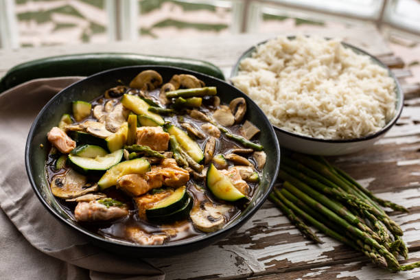 istock Salmon, vegetables and rice asian style 1293633449