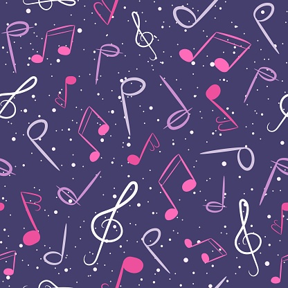 Pink and purple musical seamless pattern. Playful repetitive background with music notes and dots.