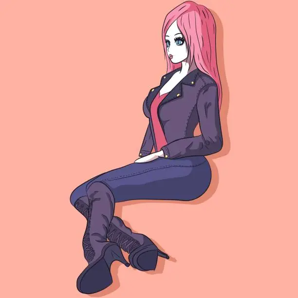 Vector illustration of Anime girl with pink hair wearing a bohemian country outfit. Woman wearing a biker jacket and leather boots.