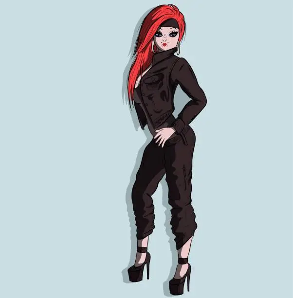 Vector illustration of Gangsta metalhead girl with a bandana and leather jacket posing for the camera. Rocker with red hair wearing high heels.