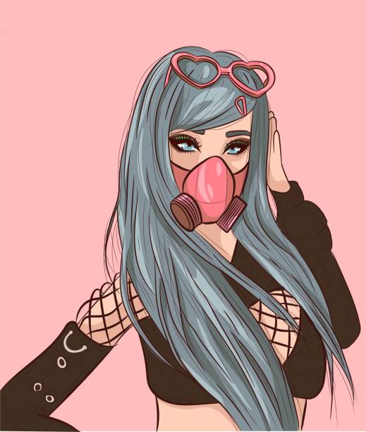 Young gothic girl with blue hair wearing a gas mask and pink sunglasses. Young gothic girl with blue hair wearing a gas mask and pink sunglasses. steampunk fashion stock illustrations