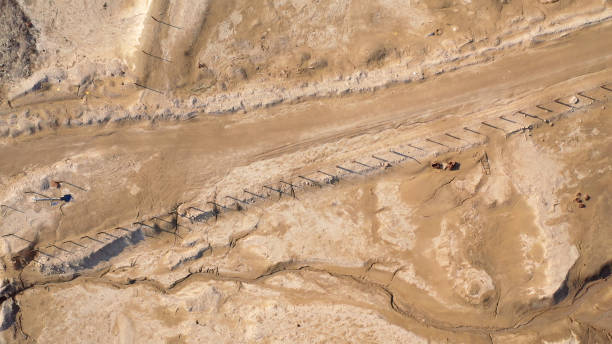 aerial view over dead sea desert and jordan israel fence - travel jordan israel sand imagens e fotografias de stock