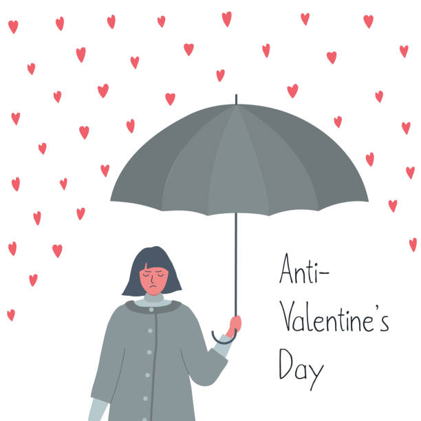 Anti-Valentine's Day illustration. Young woman with a displeased face stands under an umbrella Anti-Valentine's Day illustration. Young woman with a displeased face stands under an umbrella. The girl does not want to celebrate the holiday and hides from valentine hearts. Vector illustration Anti Valentine stock illustrations