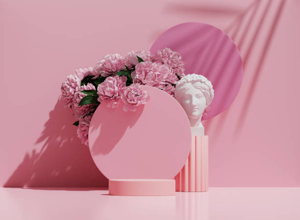 3D podium display, pastel pink background with flowers. White  Greek woman, stone statue. Round  pedestal stand. Cosmetic Product presentation. Peonies and palm leaf shadow. Nature, abstract 3D render Social media or online shop banner for product presentation advertisement blended colour rose stock pictures, royalty-free photos & images