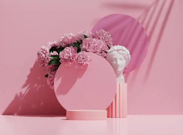 Photo of 3D podium display, pastel pink background with flowers. White  Greek woman, stone statue. Round  pedestal stand. Cosmetic Product presentation. Peonies and palm leaf shadow. Nature, abstract 3D render
