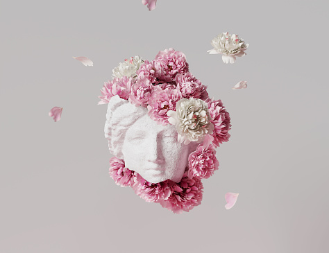Estatua de la mujer antigua 3D, piedra blanca rota. Griego, estilo de la bondad romana. Escultura de cabeza flores rosas ramo sobre fondo gris. Naturaleza, Peonías, pétalos que caen. Belleza femenina abstracta renderizado 3D. photo