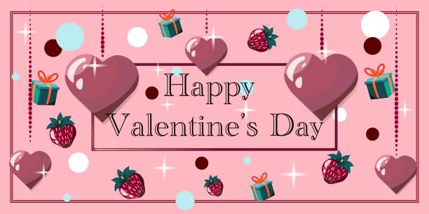 Cute pink banner for Valentine's Day with hearts. Vector template. Pink template with hearts, strawberries and gift boxes. For banner, advertisements, poster, cards, print. Vector template. valentines day stock illustrations