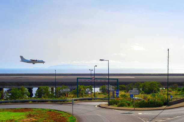Airplane landing at airport runaway. Funchal, Madeira