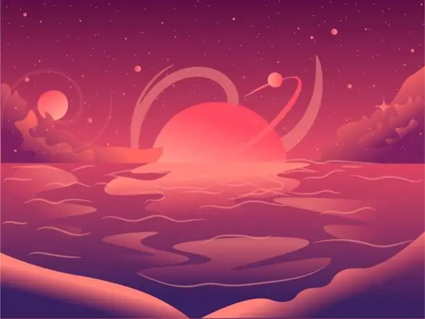 Vector illustration of Sunset beach nature landscape flat illustration of sun, moon and planets with clouds on the twilight. Magic place with stars and bright night sky vector.
