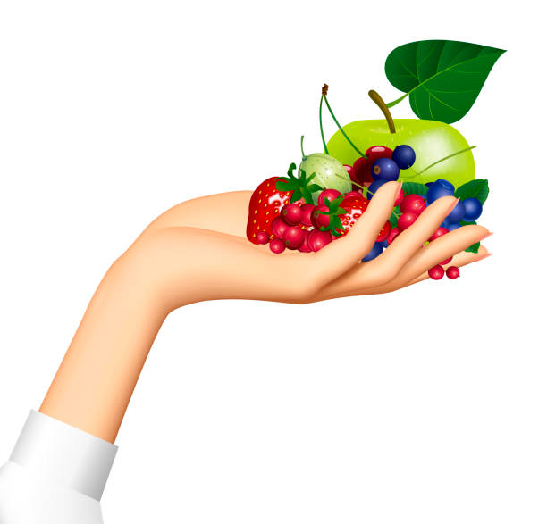 istock Female hand holding berries and fruits on the palm isolated on white 1293649523
