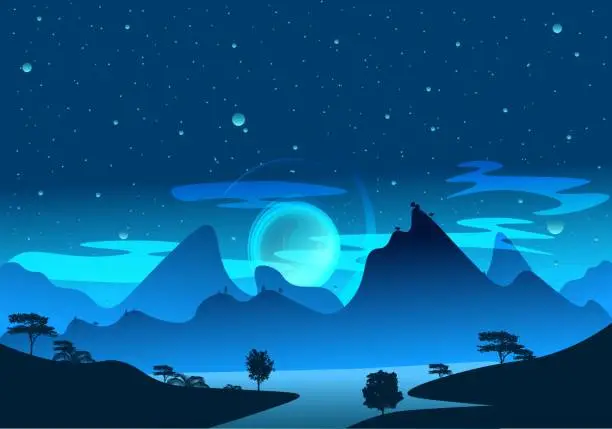 Vector illustration of Magic blue and light art nature landscape illustration of a mountain lake in the morning. Fantasy sunrise and starry sky full of fog, mist and shadows.