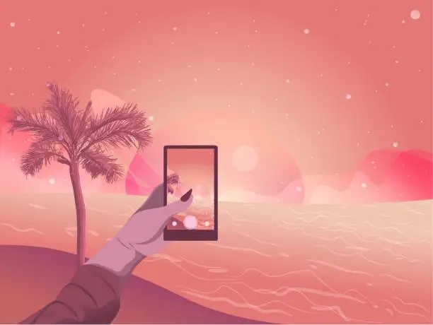 Vector illustration of Flat illustration of a woman hand taking a picture of the sunset on the beach. Summer sky and stars landscape