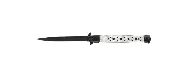 istock Switchblade pocket knife isolated on white background. Black penknife with marble handle. Elgant melee weapons. 1293649933