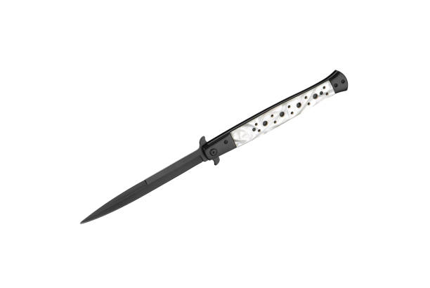istock Switchblade pocket knife isolated on white background. Black penknife with marble handle. Elgant melee weapons. 1293650691