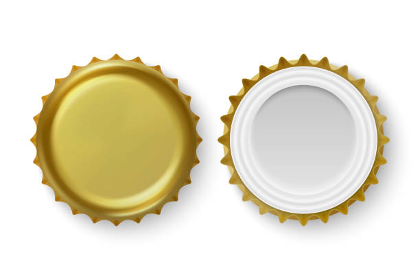 istock Vector 3d Realistic Metal Golden Blank Beer Bottle Cap Icon Set Closeup Isolated on White Background. Design Template for Mock up, Package, Advertising. Top and Bottom View 1293650769