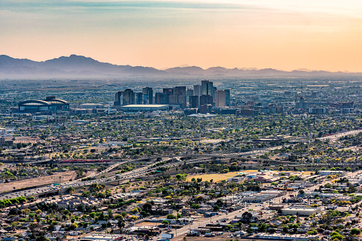 Aerial view of the skylline of downtown Phoenix, Arizona shot from an altitude of about 1000 feet.